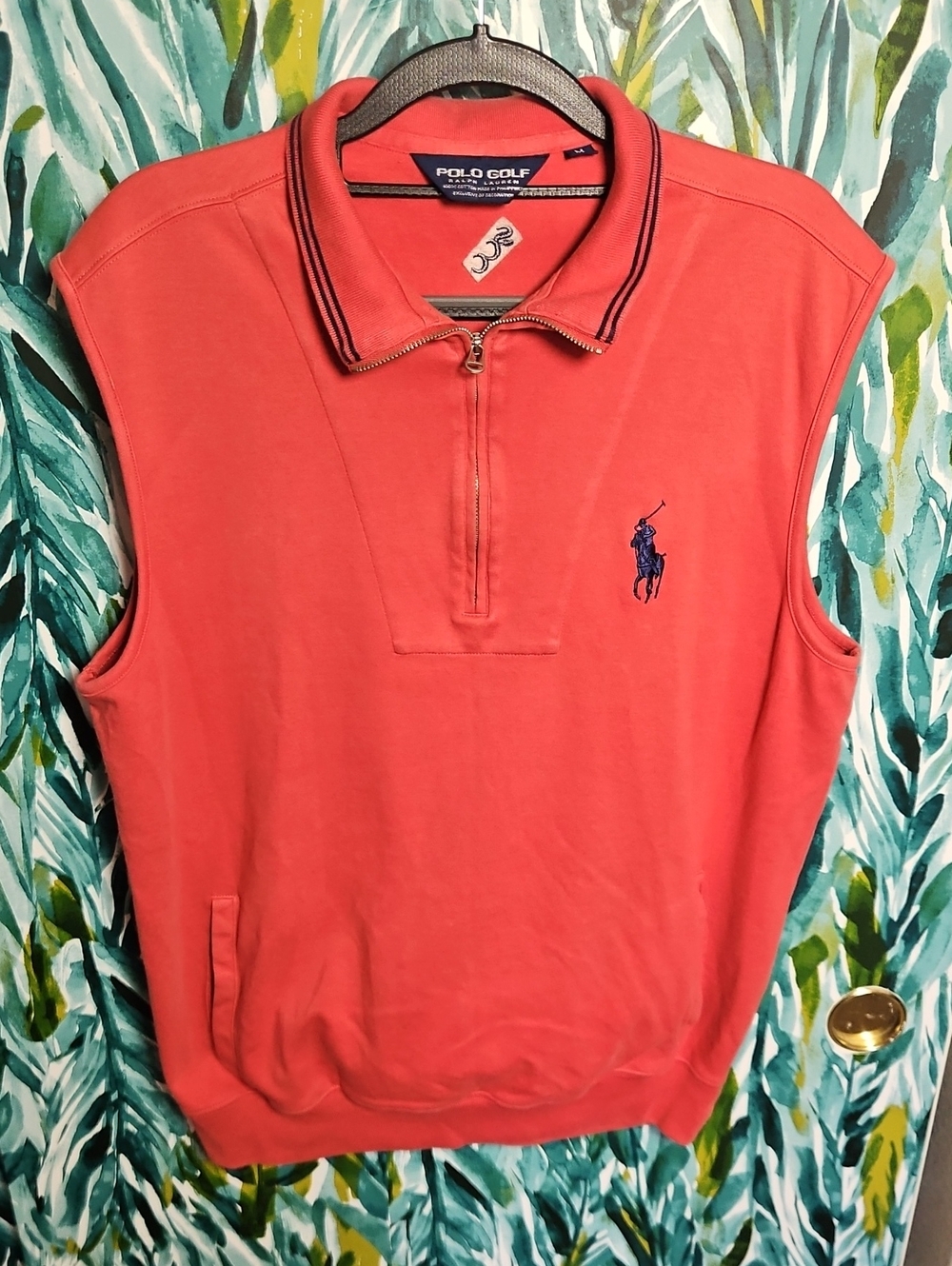 Ralph Lauren Polo Golf Salmon Quarter Zip Vest with Navy Trim, SCC Logo - Size M